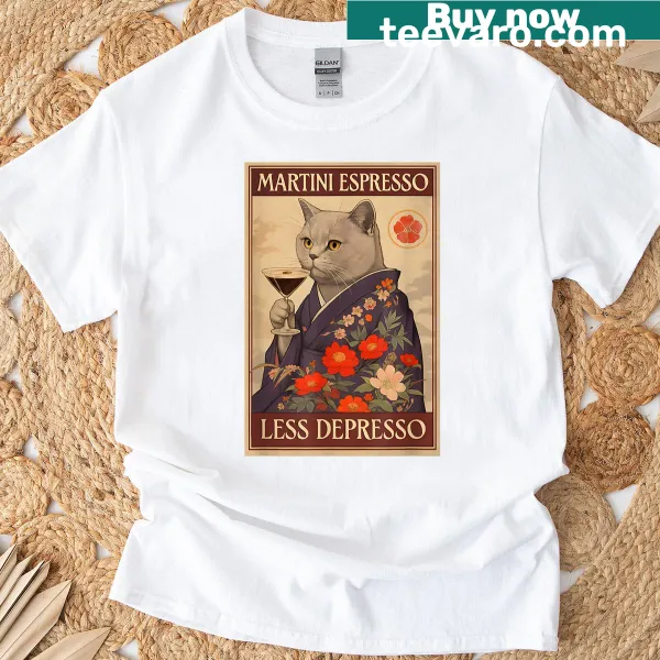 T-shirt featuring a cat drinking a cocktail in a humorous illustration