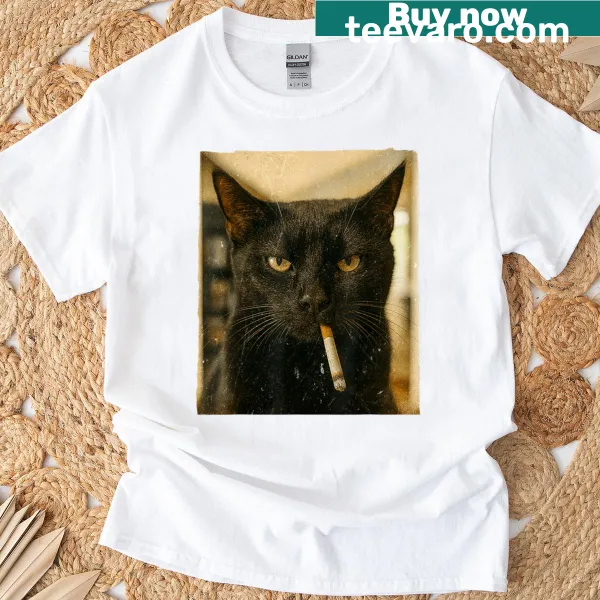Funny black cat smoking cigarette meme T-shirt