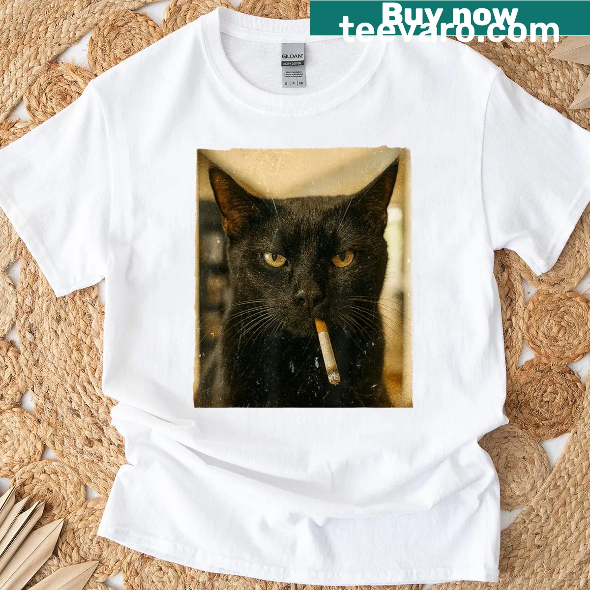 Funny black cat smoking cigarette meme T-shirt — on a men's t-shirt