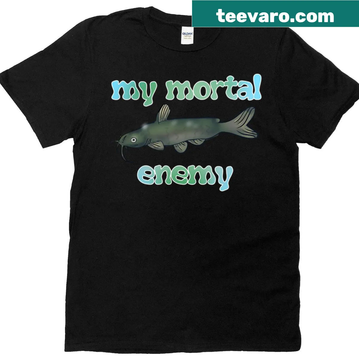 Humorous Catfish Denier graphic t-shirt — on a men's t-shirt