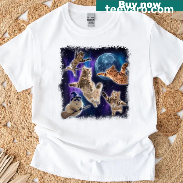 Vintage-style cats floating in a humorous design on a T-shirt