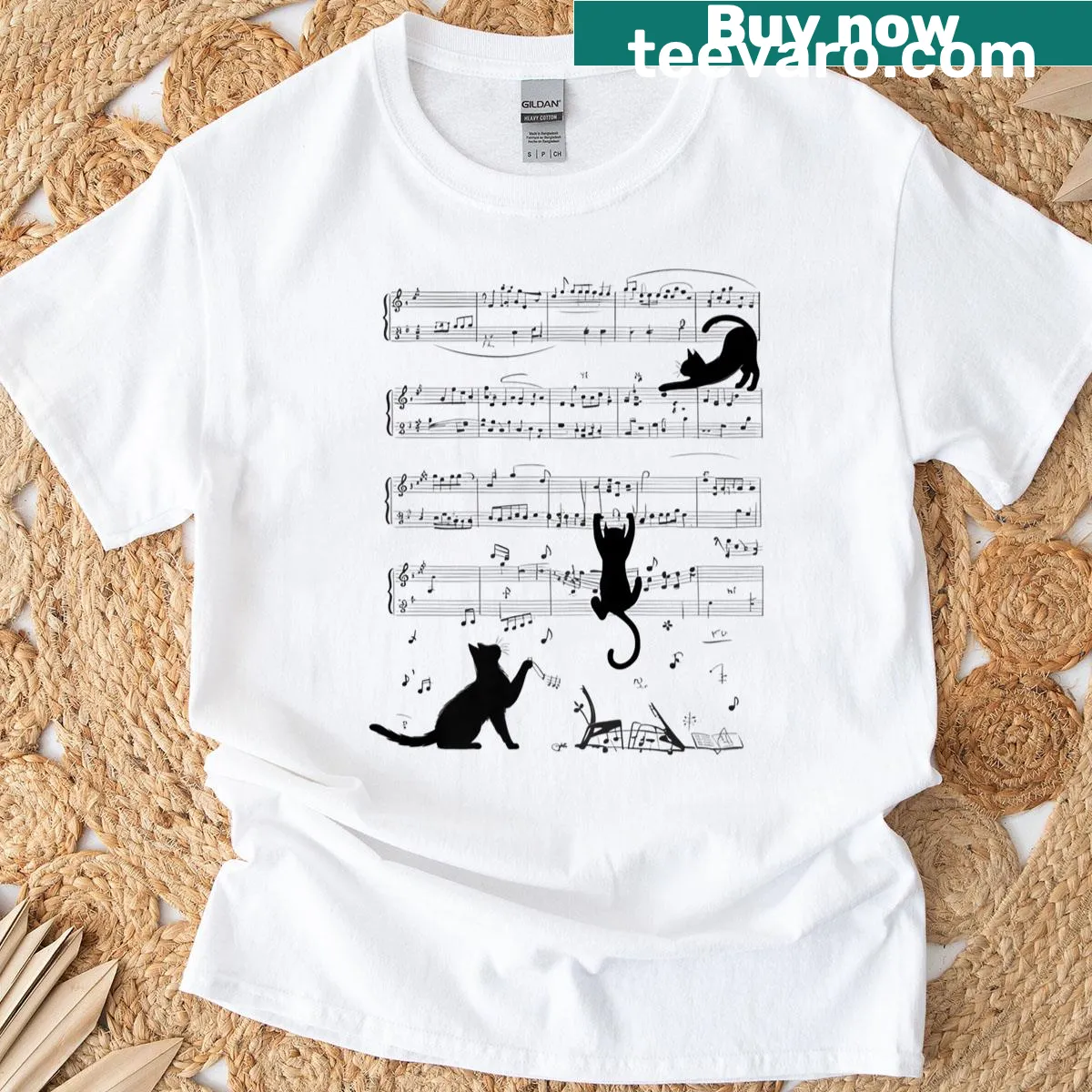 Illustration of cats playing music with sheet notes on a t-shirt. — on a men's t-shirt