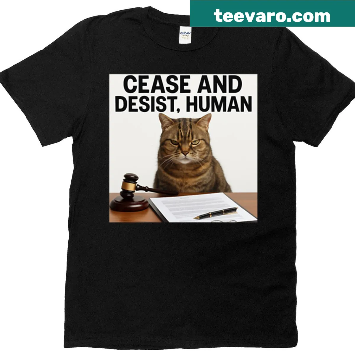 Funny cat lawyer illustration T-shirt for humor — on a men's t-shirt