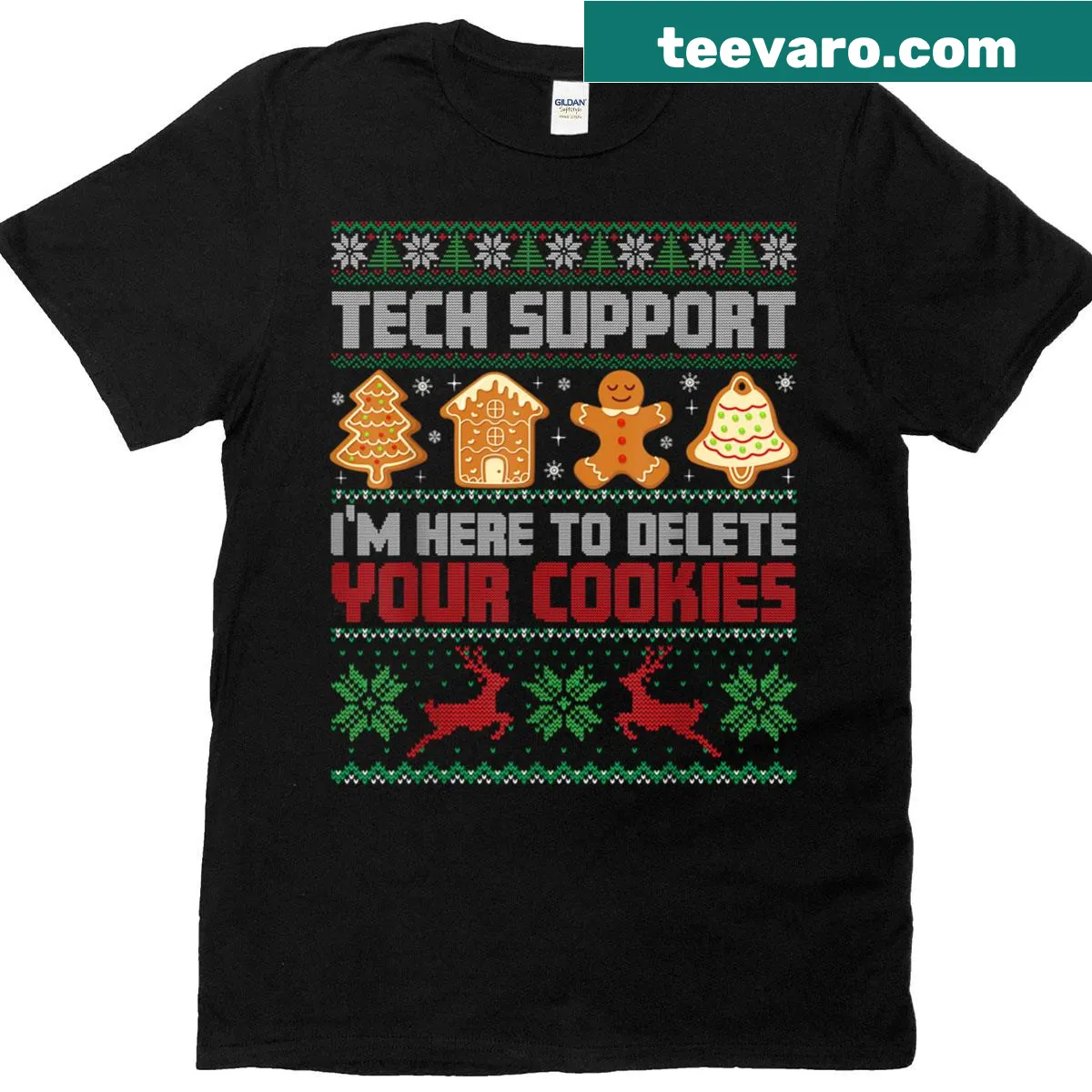Funny tech support holiday t-shirt with the phrase about deleting cookies — on a men's t-shirt
