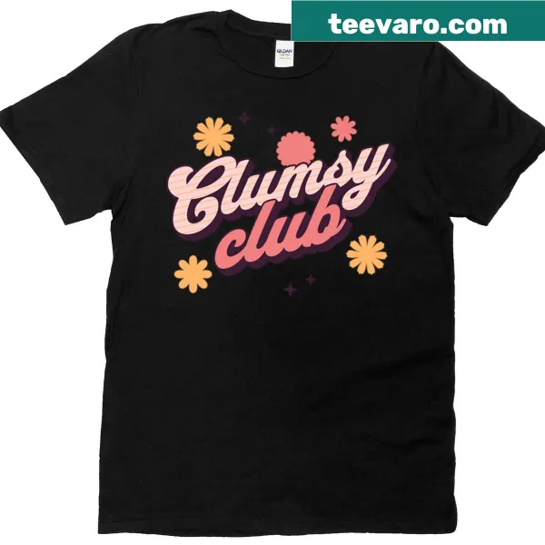 Playful typography of 'Clumsy Club' on a T-shirt.
