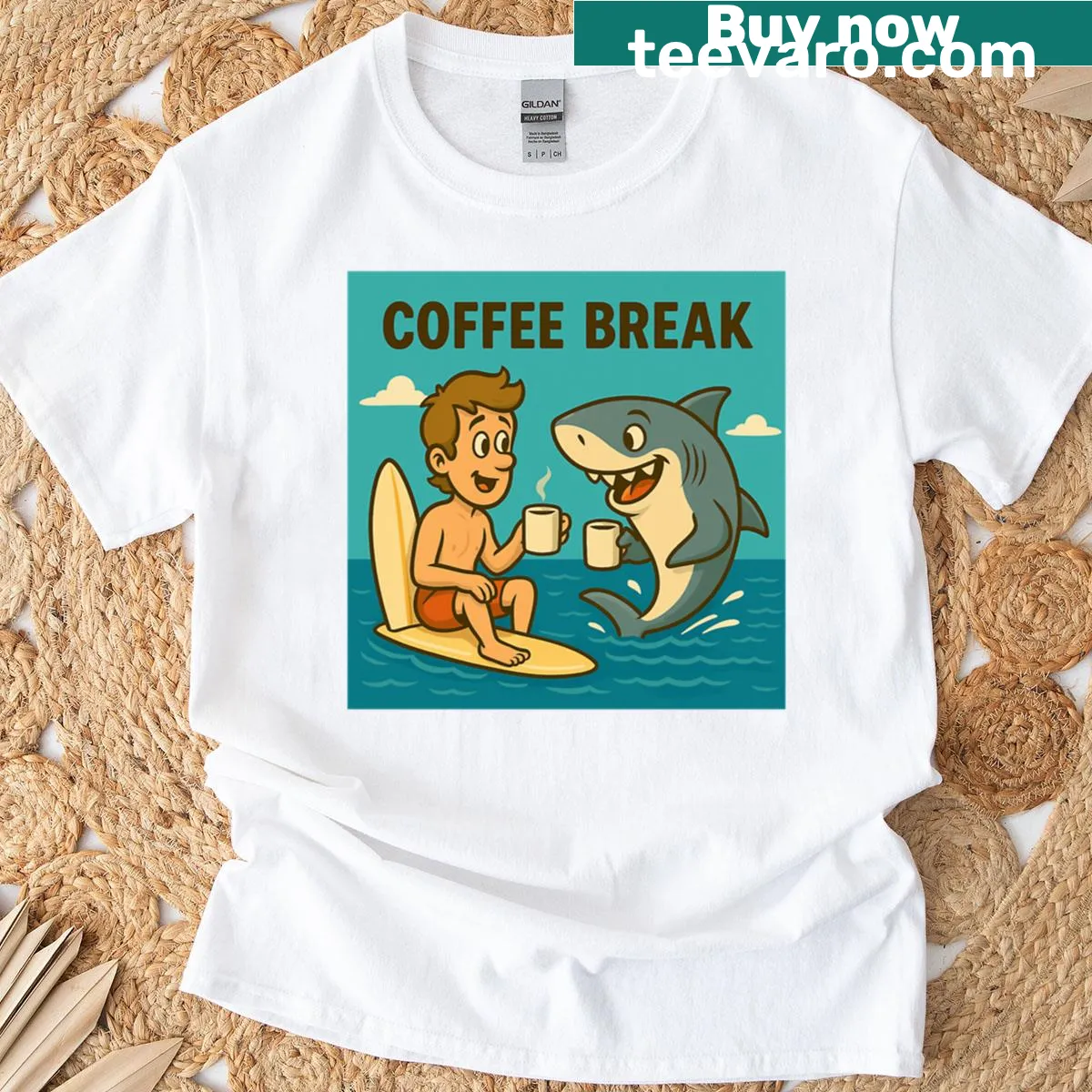 Illustration of a shark having coffee at the sea on T-shirt — on a men's t-shirt