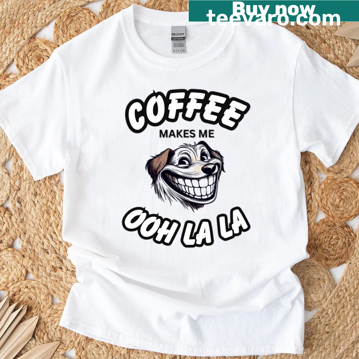 Illustration of a smiling dog with coffee-themed text — on a men's t-shirt