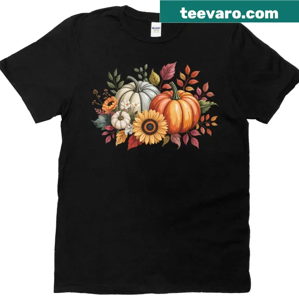 T-shirt featuring pumpkins and sunflowers in a fall-themed design.