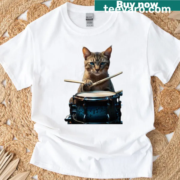 Cartoon cat playing drums graphic T-shirt