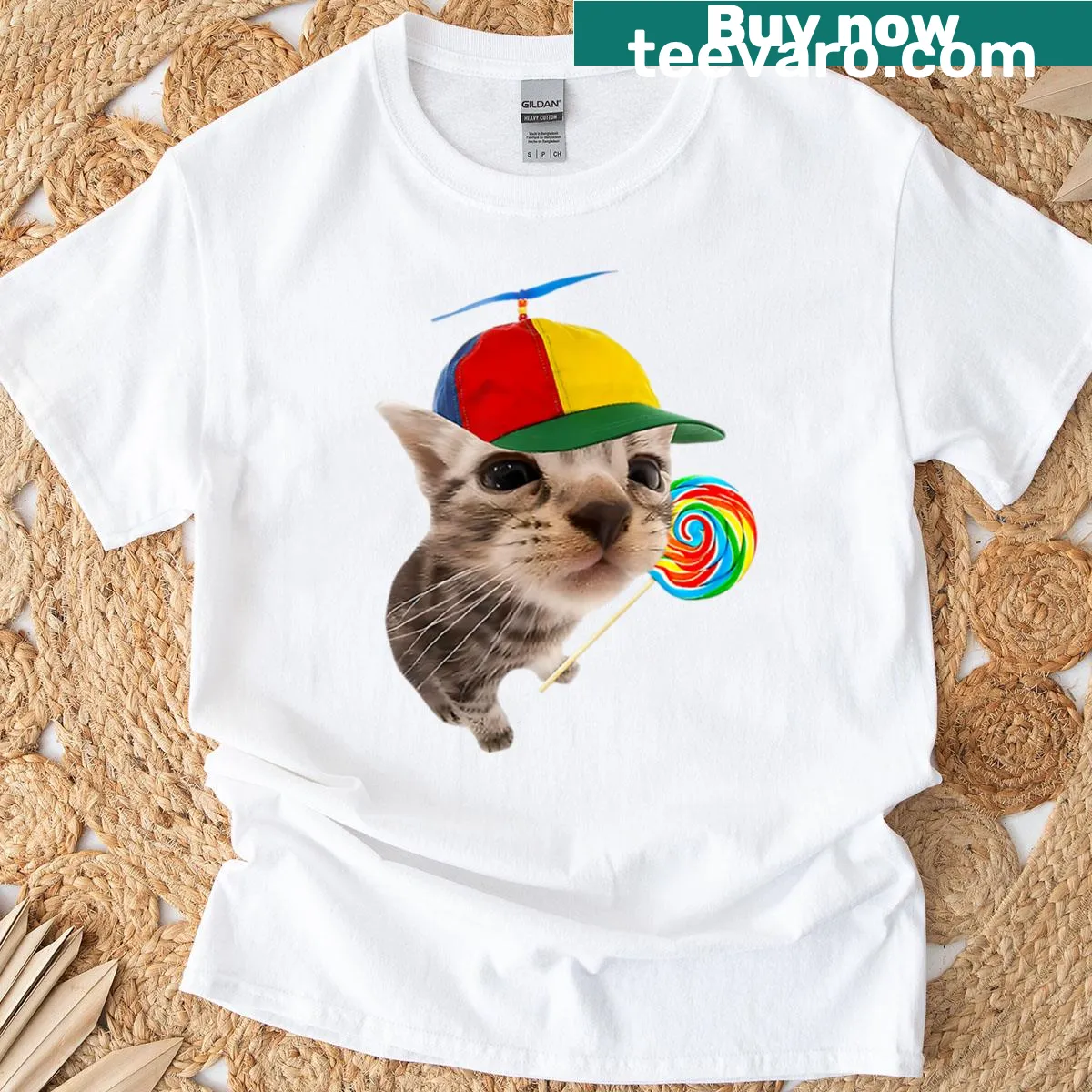 Cartoon graphic of a cute cat enjoying food on a t-shirt — on a men's t-shirt