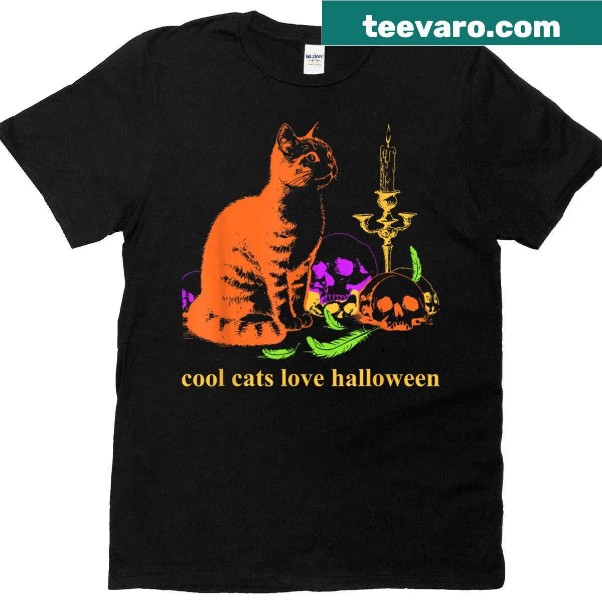 Illustrated T-shirt with cool cats in Halloween costumes — on a men's t-shirt