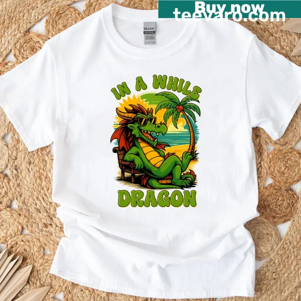 Funny cartoon dragon enjoying beach vibes on T-shirt
