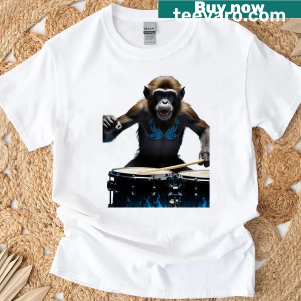 Illustration of a cartoon chimpanzee playing drums on a t-shirt