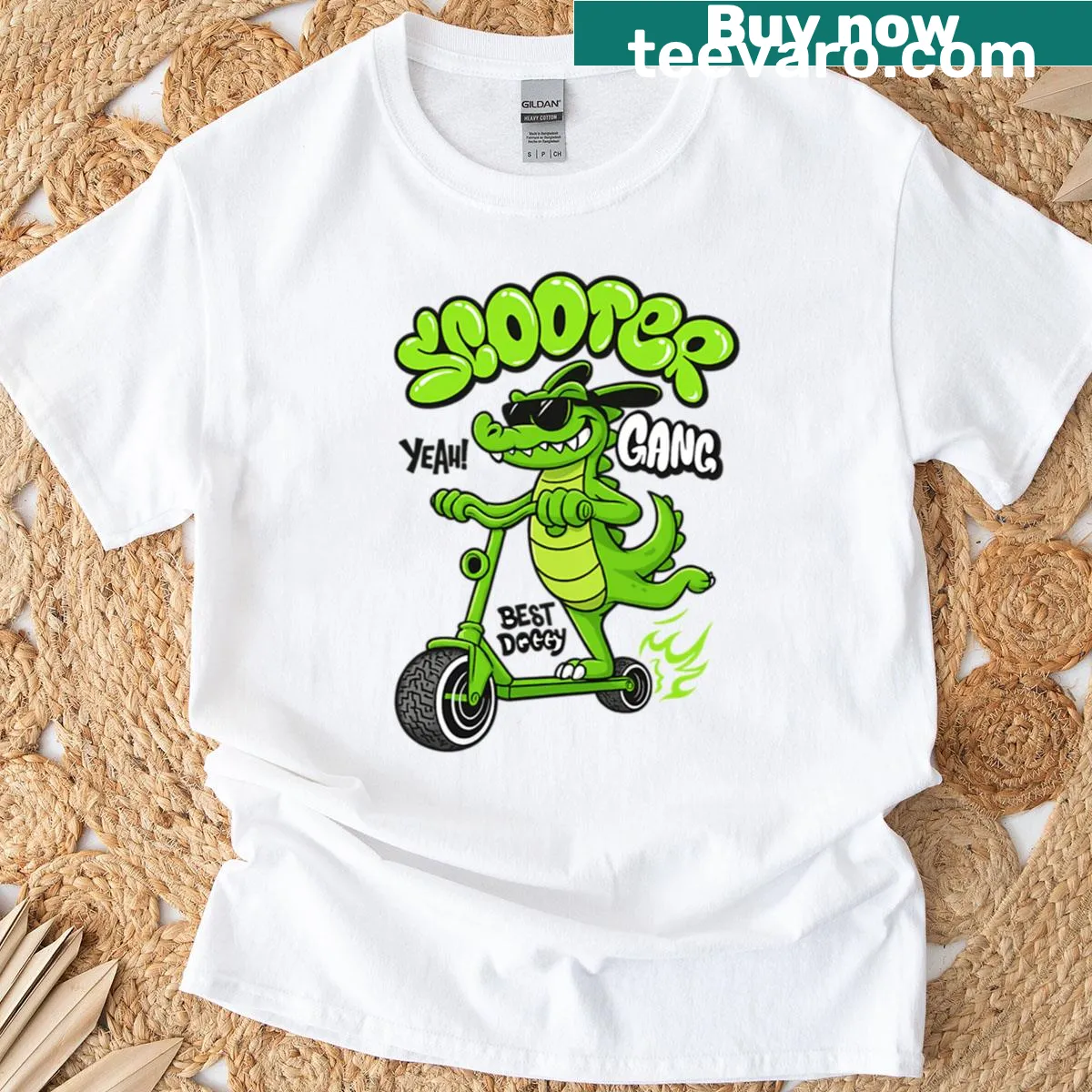 Cartoon design of a crocodile riding a scooter — on a men's t-shirt