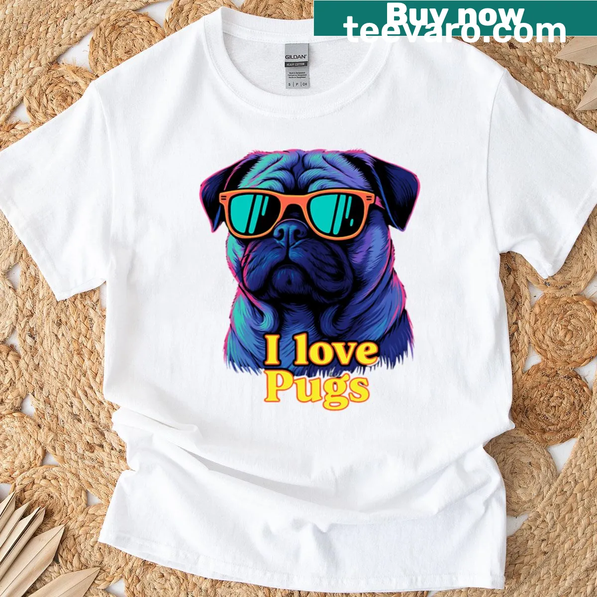 Humorous pug wearing retro sunglasses graphic T-shirt — on a men's t-shirt