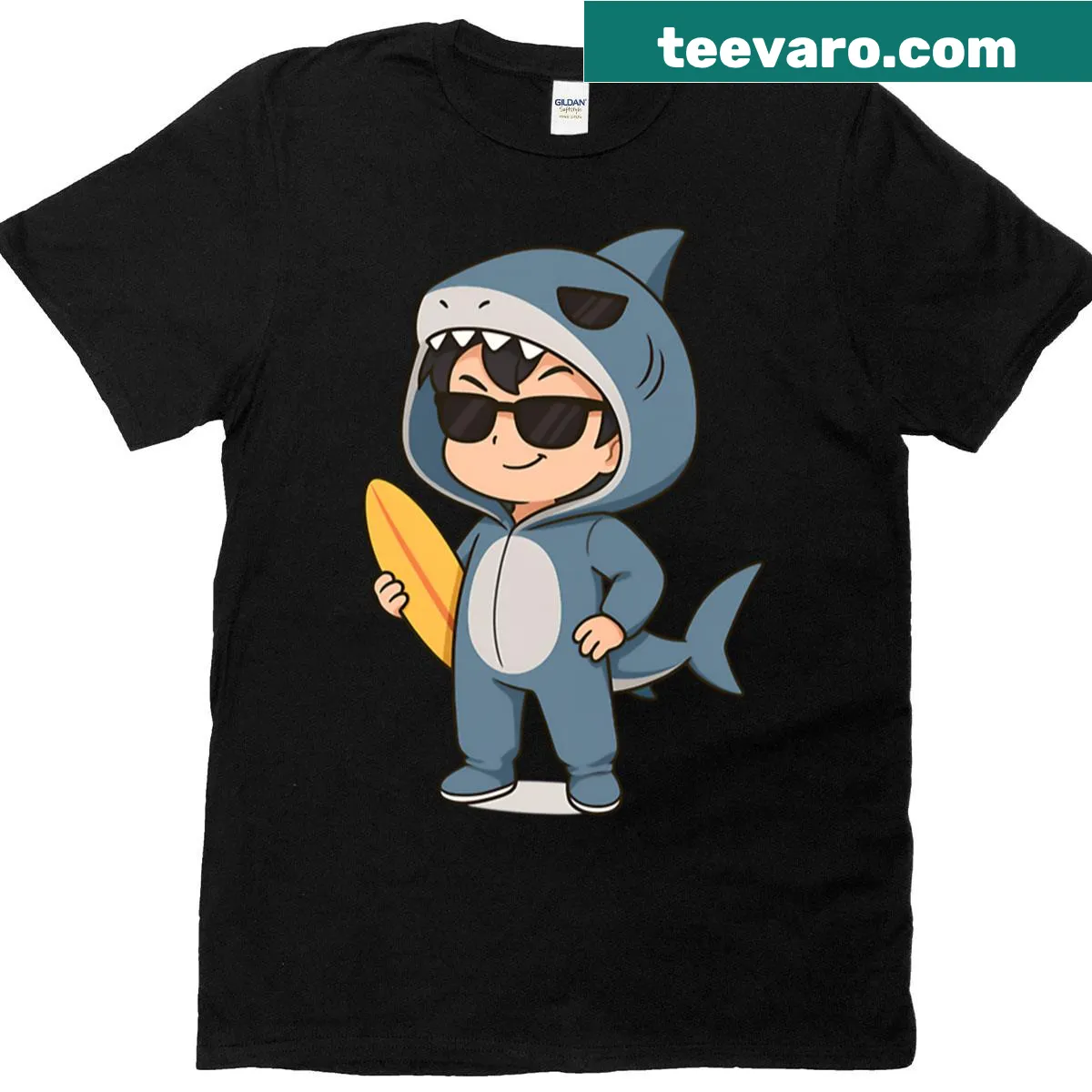 Cute chibi shark surfing graphic t-shirt — on a men's t-shirt