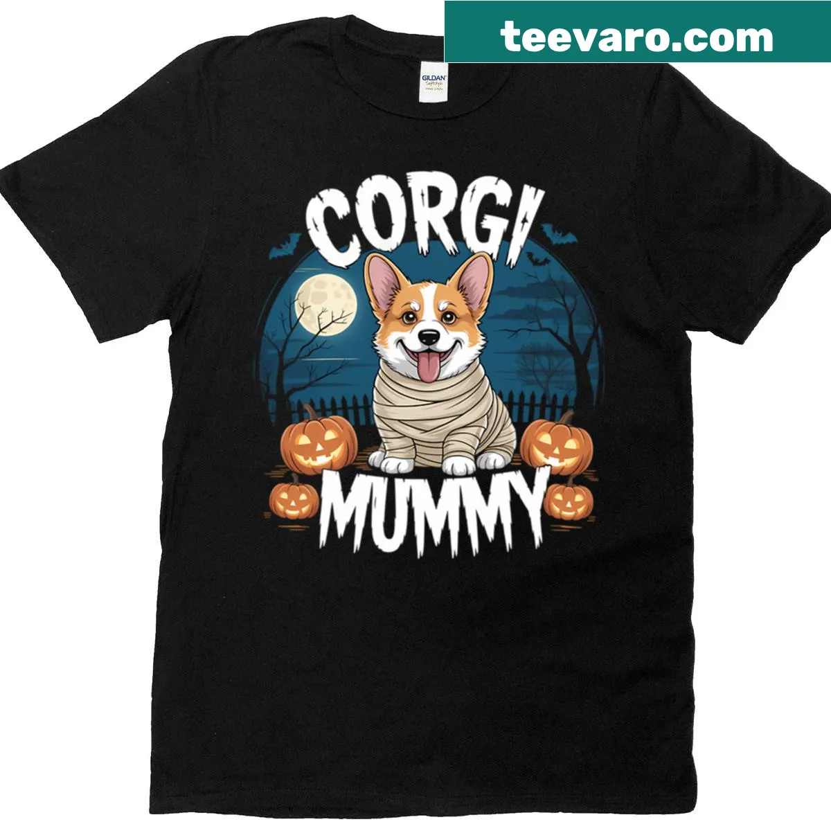 Corgi dressed as a mummy in a funny Halloween t-shirt — on a men's t-shirt