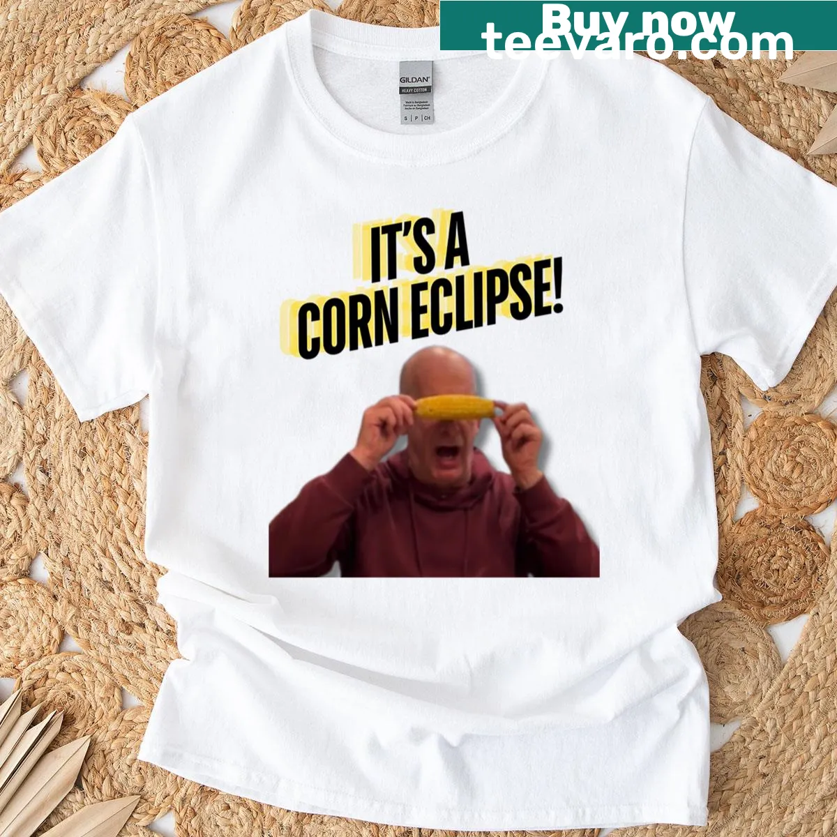 Funny t-shirt displaying 'corn' in multiple languages — on a men's t-shirt