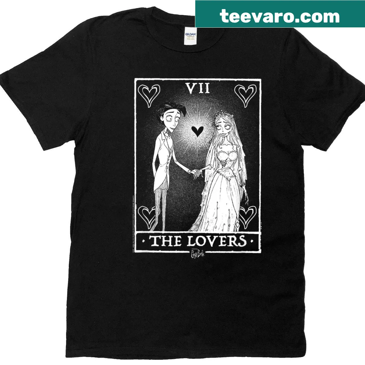 T-shirt depicting Victor and Corpse Bride in a tarot card style — on a men's t-shirt