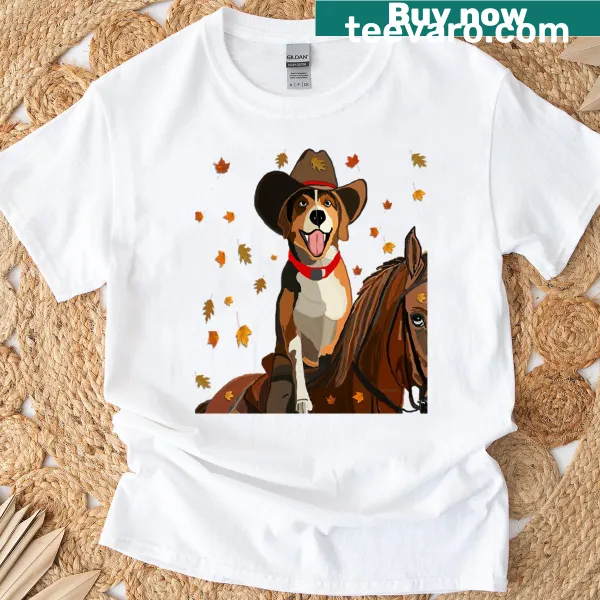 Illustration of a beagle in a cowboy hat riding a horse in autumn