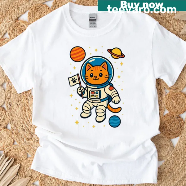 Cartoon astronaut cat graphic T-shirt