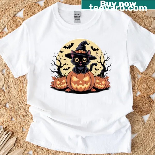 Halloween-themed t-shirt with a cute black cat graphic
