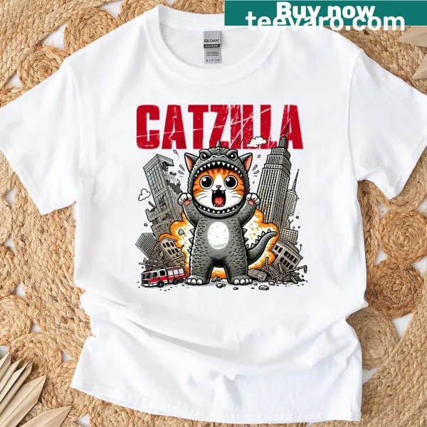Whimsical Catzilla cat graphic T-shirt for cat lovers