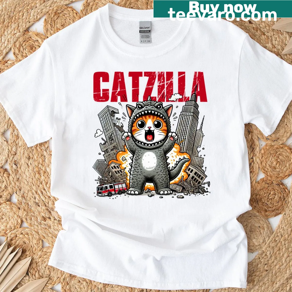 Whimsical Catzilla cat graphic T-shirt for cat lovers — on a men's t-shirt