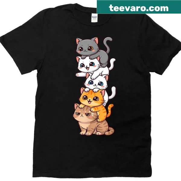 Funny kawaii cats in various playful poses on a T-shirt