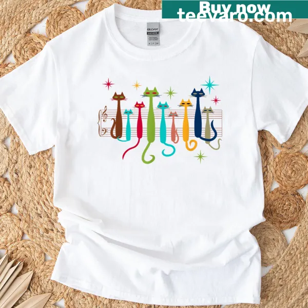 Artistic graphic T-shirt with cute cats on a music sheet design