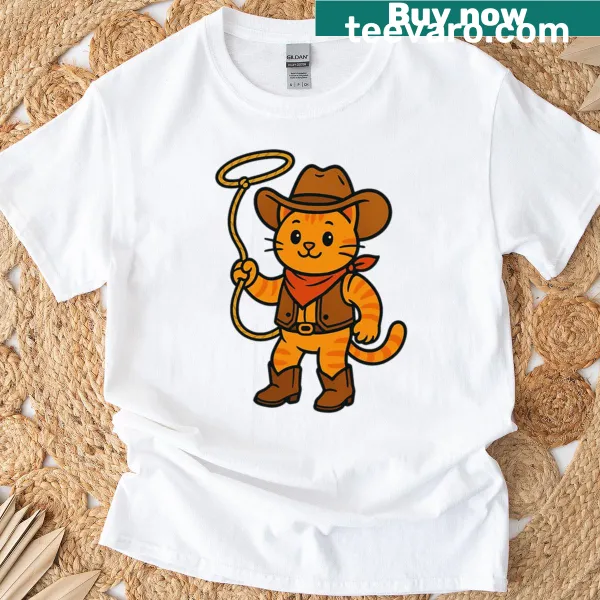 Funny t-shirt featuring a cartoon cowboy cat design