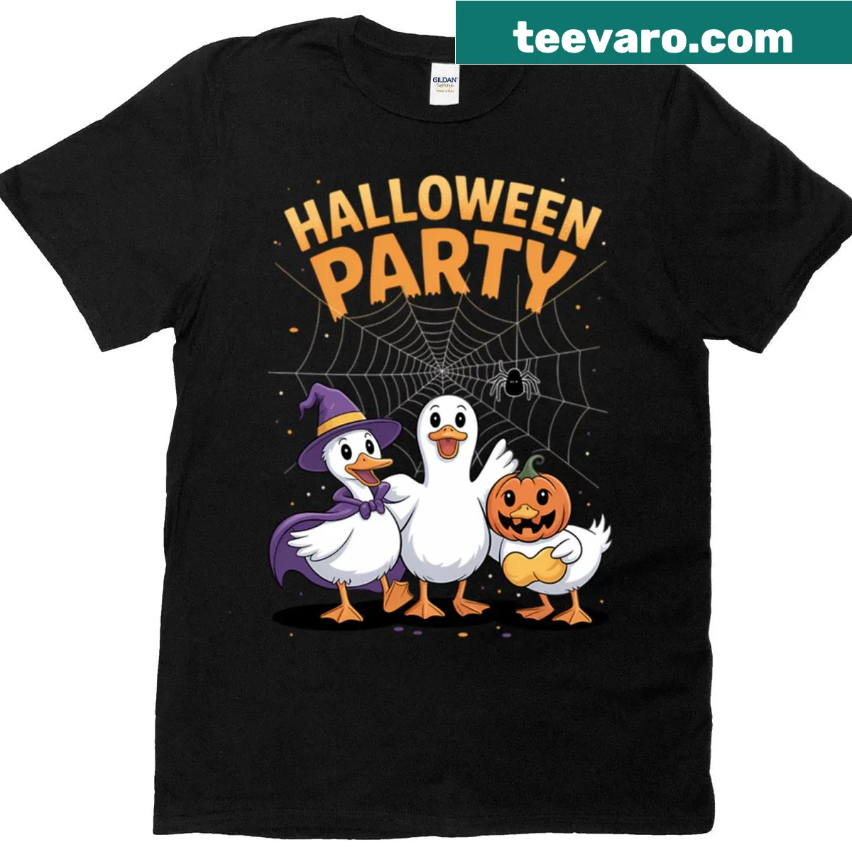 Cartoon geese in Halloween costumes for a fun party — on a men's t-shirt