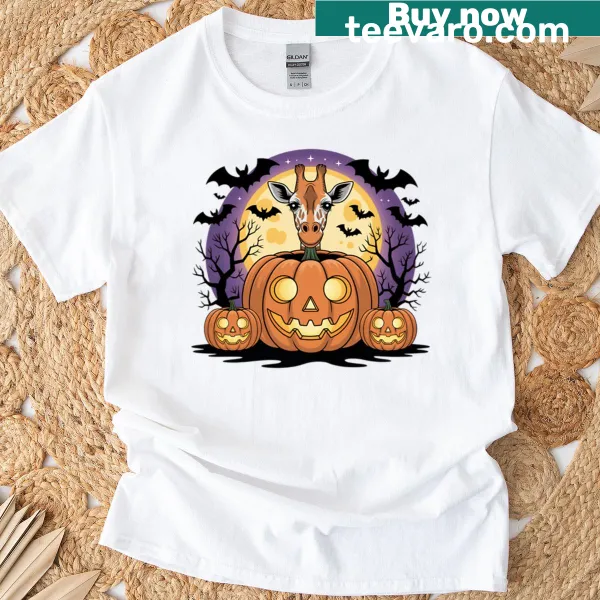 Adorable giraffe Halloween illustration with pumpkins on T-shirt