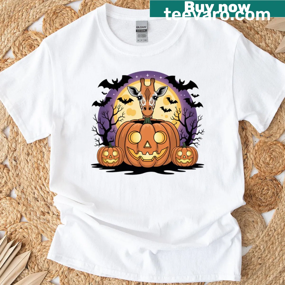 Adorable giraffe Halloween illustration with pumpkins on T-shirt — on a men's t-shirt