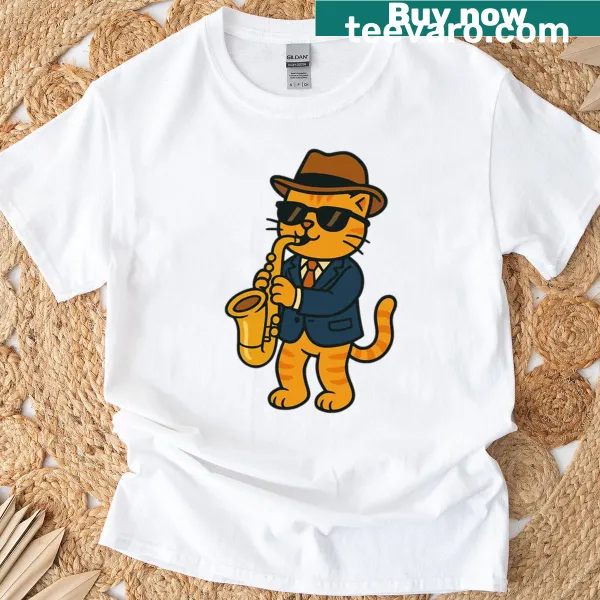 Cartoon jazz cat playing saxophone on T-shirt