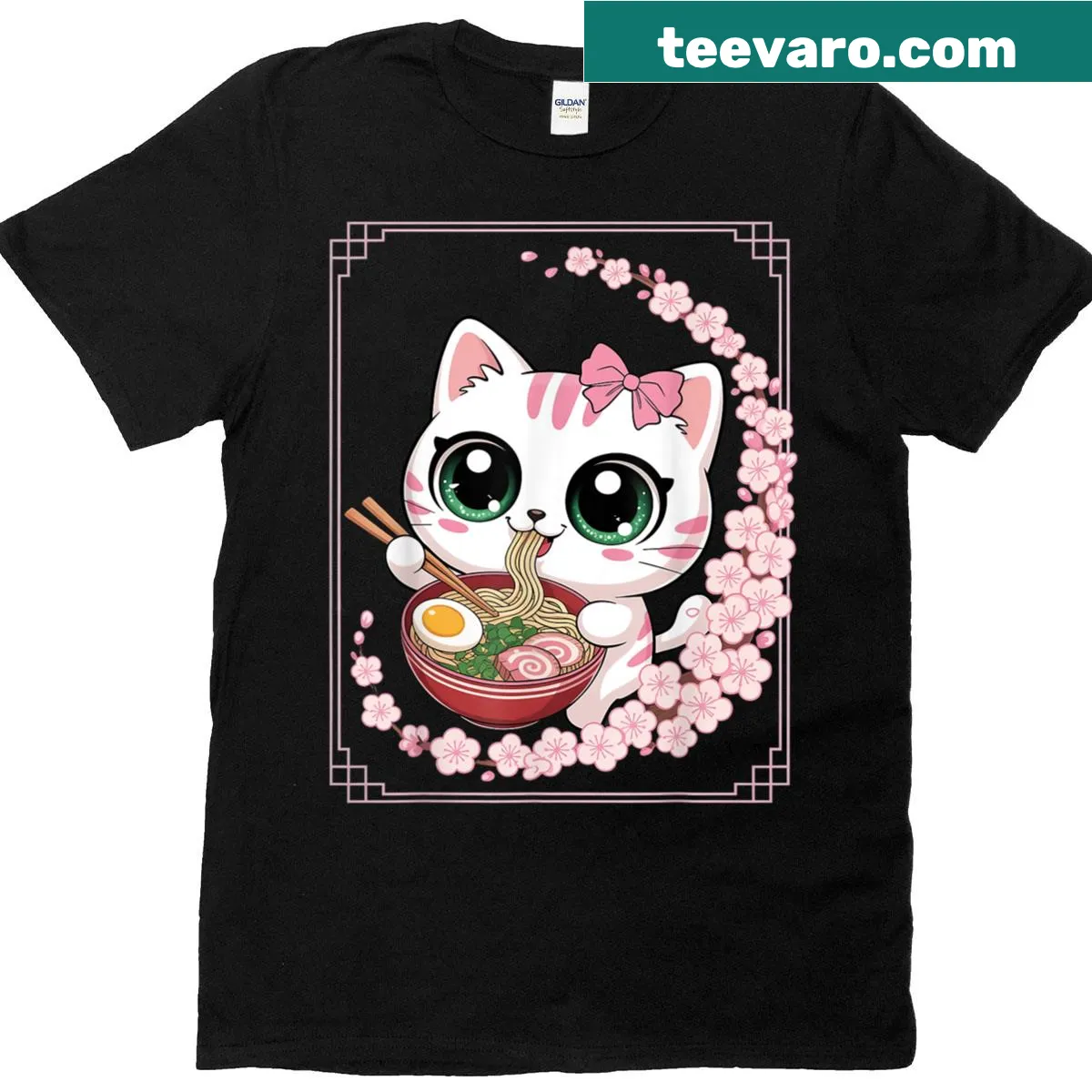 Kawaii cat T-shirt featuring a cat eating ramen noodles in Japanese art style — on a men's t-shirt