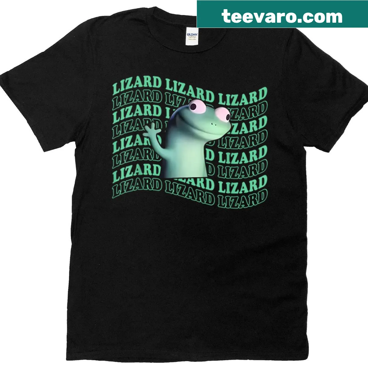 Cute lizard meme graphic T-shirt with cartoon style design — on a men's t-shirt