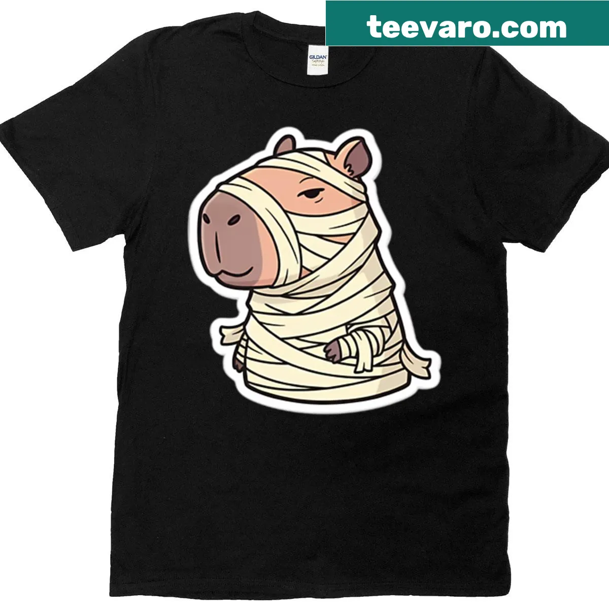 Cute T-shirt featuring a mummy capybara for Halloween — on a men's t-shirt