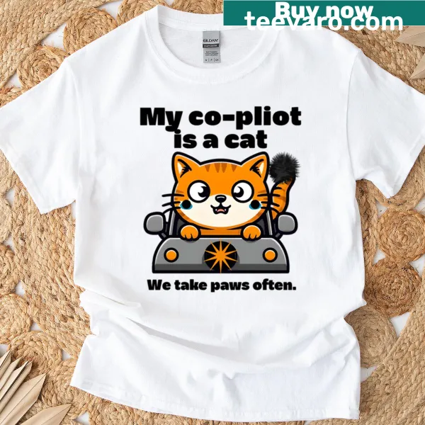 Cute orange cat co-pilot illustration on T-shirt