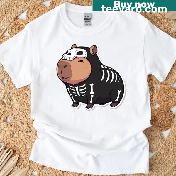 Cute skeleton capybara illustration on a T-shirt