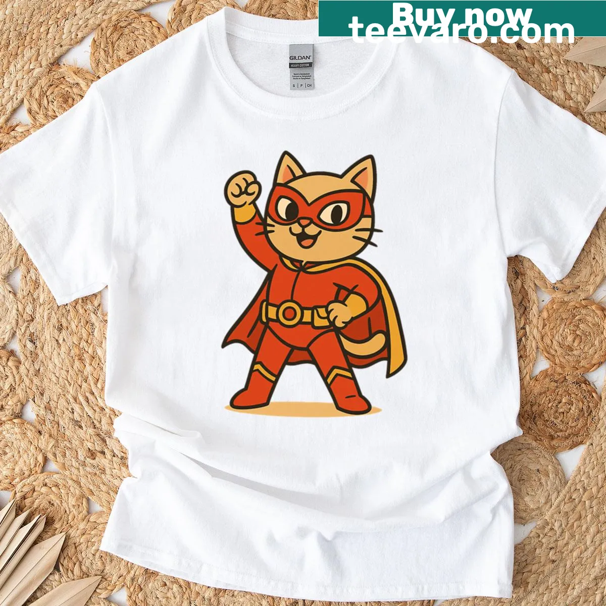 Cartoon superhero cat graphic T-shirt — on a men's t-shirt