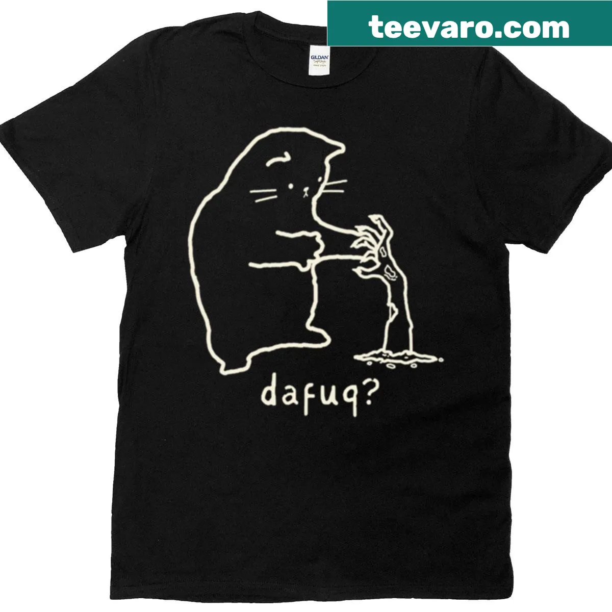 Cat reacting to a zombie hand design t-shirt — on a men's t-shirt