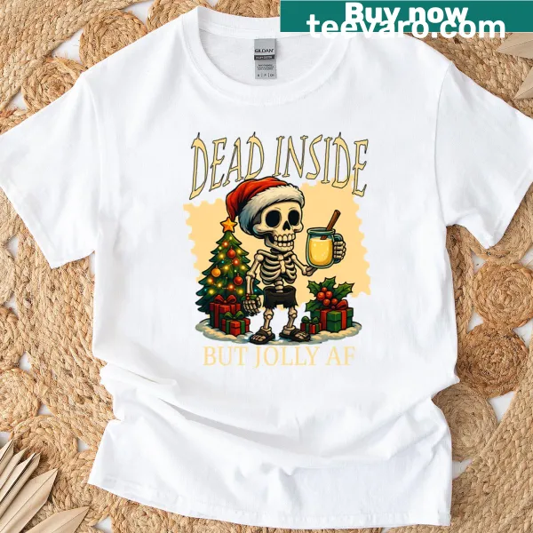 Festive T-shirt featuring a jolly skeleton with eggnog for Christmas.