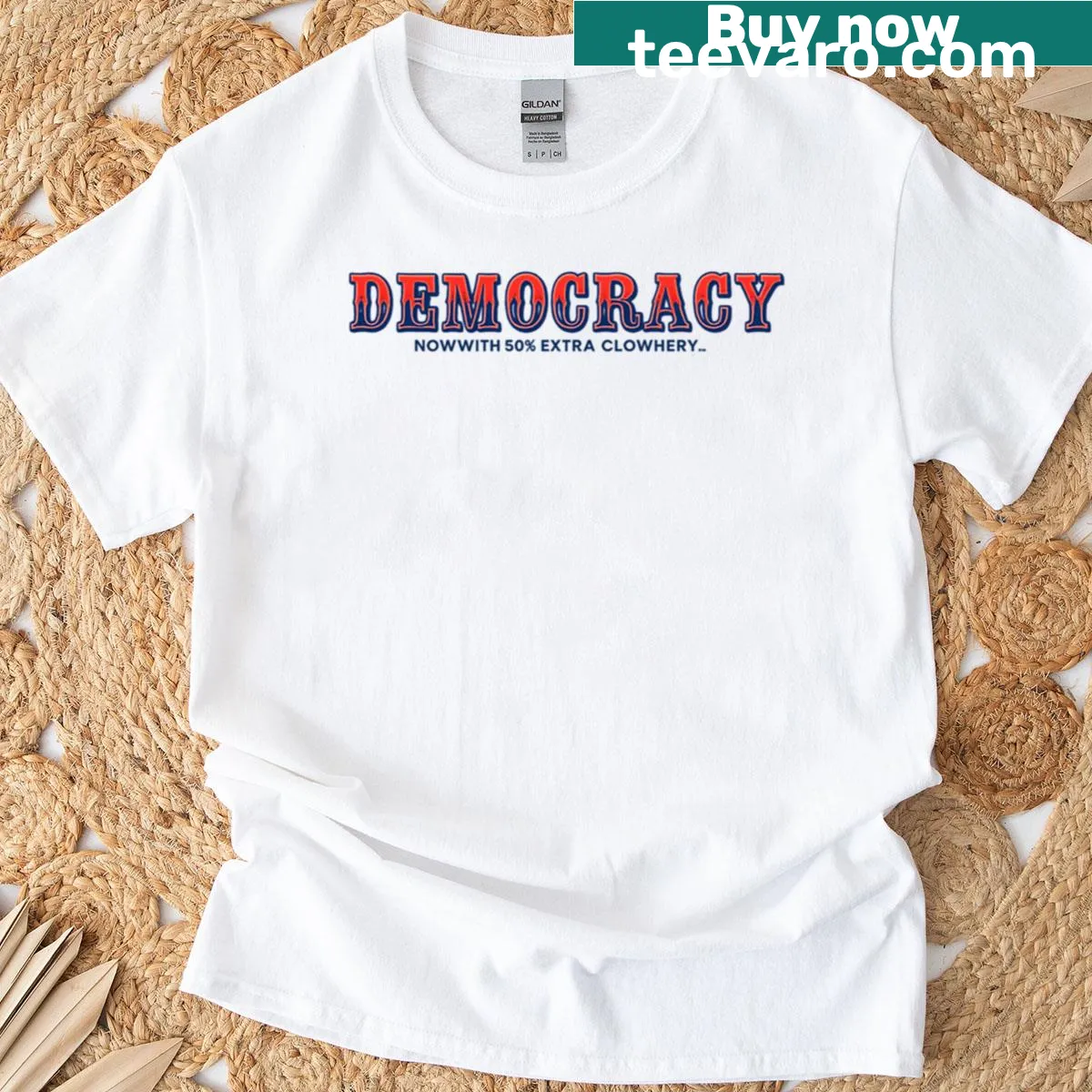 Oversized T-shirt featuring political satire in bold typography. — on a men's t-shirt