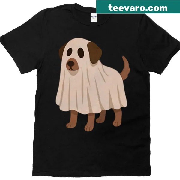 T-shirt featuring a dog in a ghost costume for Halloween