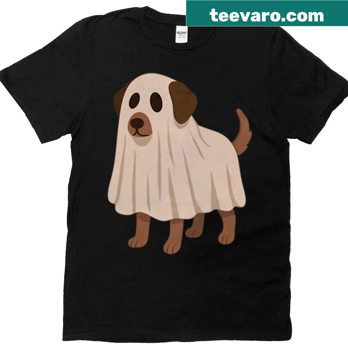 T-shirt featuring a dog in a ghost costume for Halloween — on a men's t-shirt