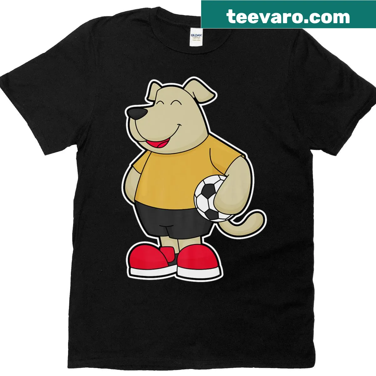 Dog dressed as soccer player with a ball graphic on t-shirt — on a men's t-shirt