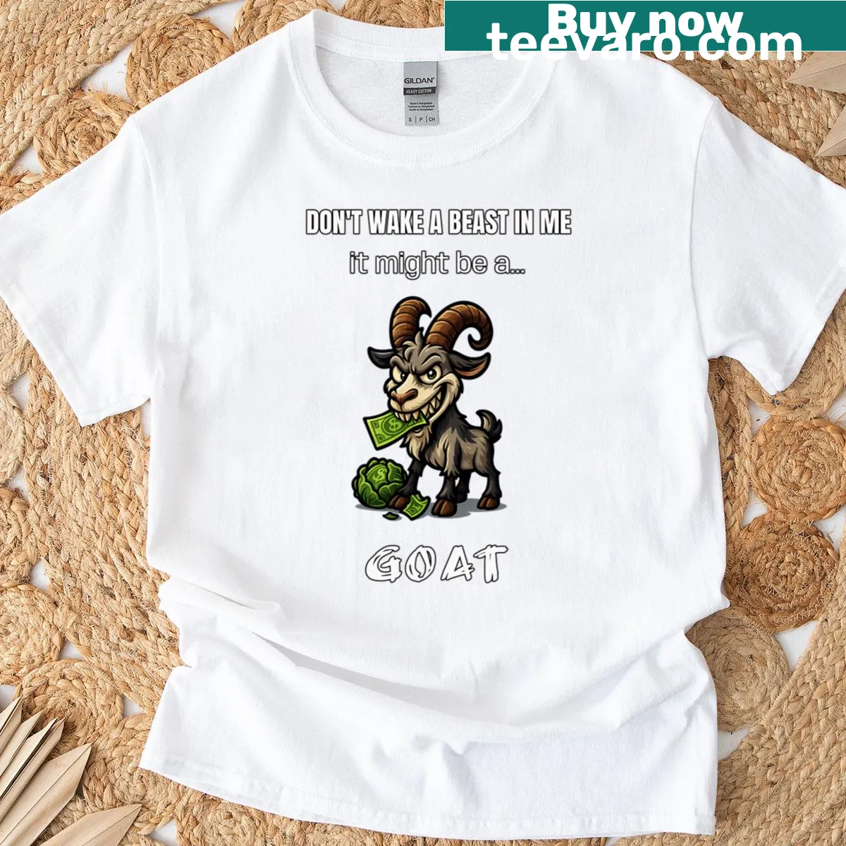 Illustration of a goat with the text Dont Wake A Beast on a t-shirt — on a men's t-shirt