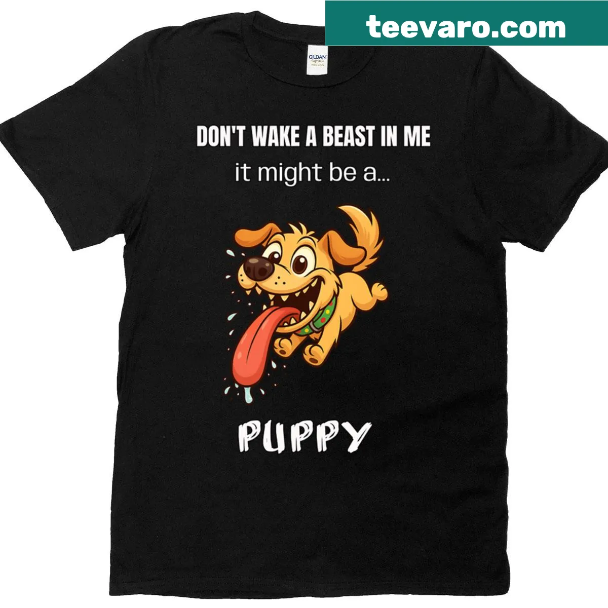 Cute puppy graphic with the phrase Don’t Wake A Beast In Me — on a men's t-shirt