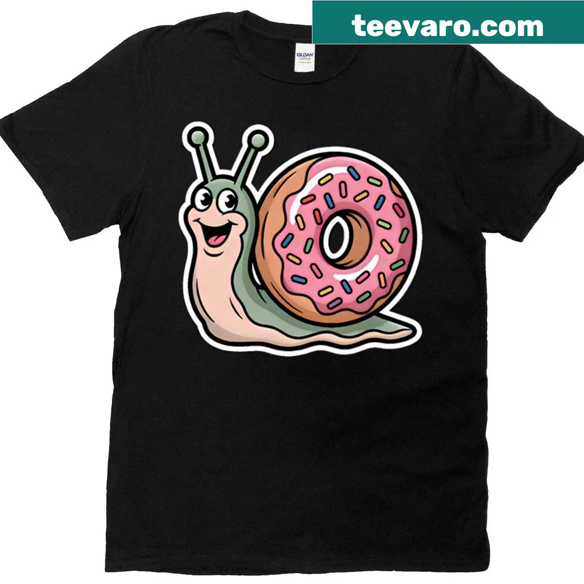 Cartoon snail with a donut shell graphic on a t-shirt — on a men's t-shirt